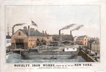 Novelty Iron Works, Stillman, Allen & Co. Máquinas a vapor e fabricantes de máquinas em geral, a pé da 12th Street, East River, Nova York, ca. 1841-1844 (litho colorido à mão)